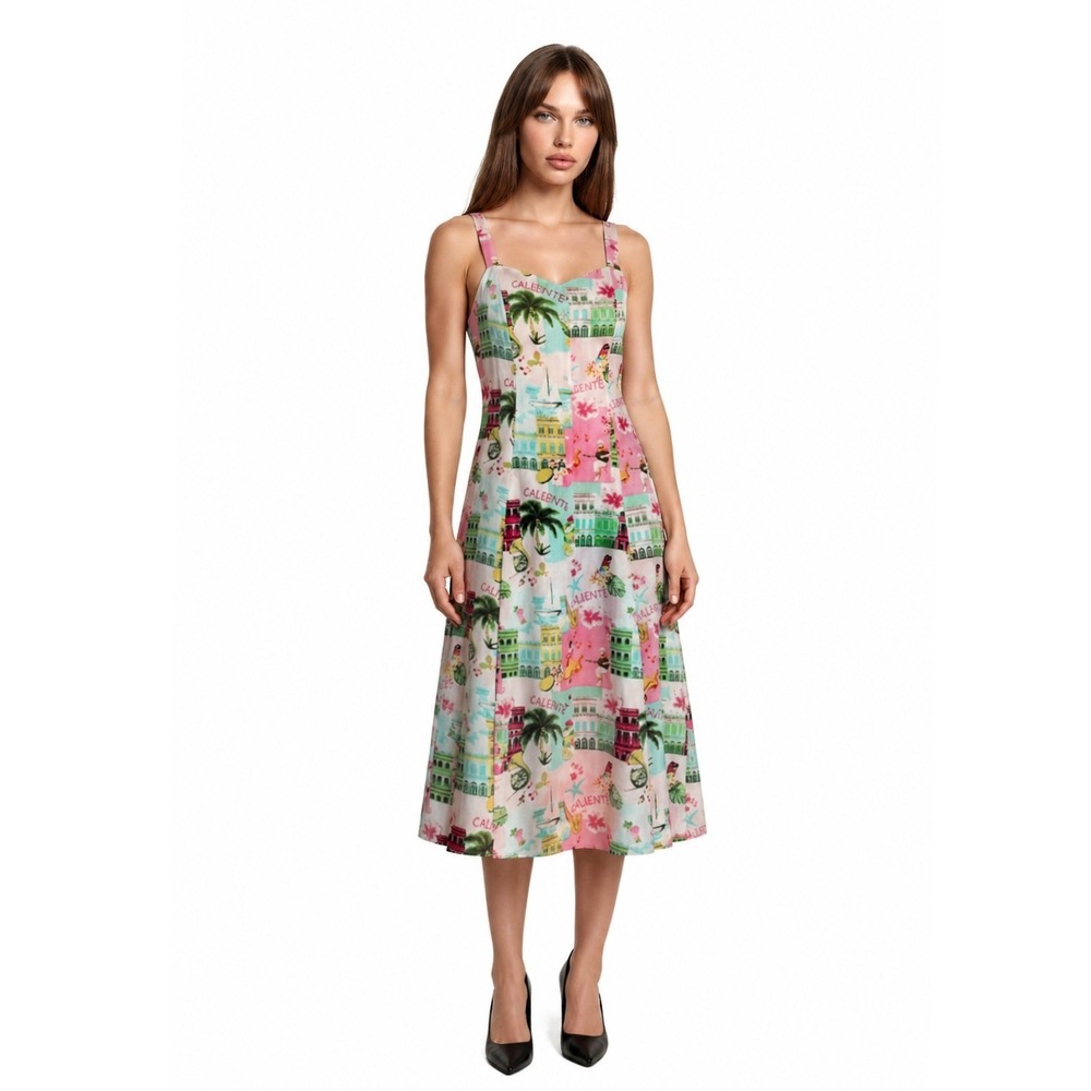 NEW Jane Delancey Midi Dress Womens Size Medium Pink Tropical Linen Bld Sundress